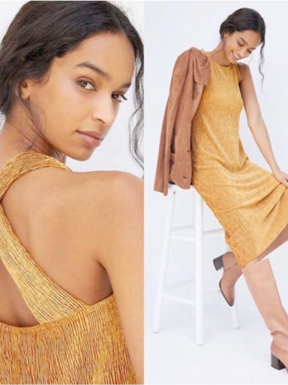 Anthropologie Maeve Adrienne Twist-back Textured Midi Dress In Golden Orange